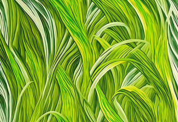 Fresh bright green grass floral background, spring feeling banner, bright green grass moving around, green foliage motion, illustration, digital