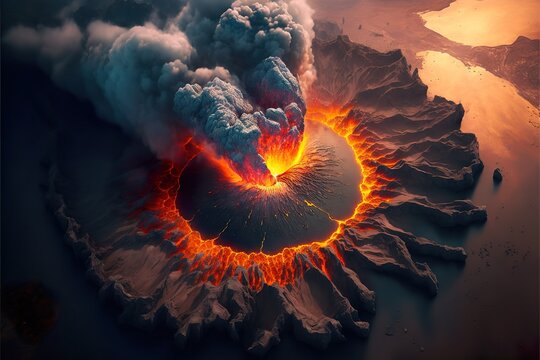 Aerial view of exploding colorful vulcano, lava, generative ai