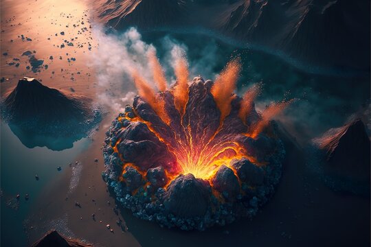 Aerial view of exploding colorful vulcano, lava, generative ai