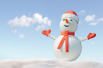 smiling snowman standing with raised arms