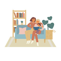 Happy lesbian family spend time together. Mothers read book with their daughter. Flat vector illustration