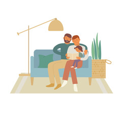 Happy gay family spend time together with child. Fathers read book with their daughter. Flat vector illustration