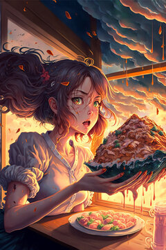 Greedy Girl Eating A Huge Cake Illustration, Anime Style