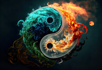 Yin und Yang, water in teal and fire in orange are complementing each other on a dark background, yin-yang, esoteric, spirituality, illustration, generative ai - obrazy, fototapety, plakaty