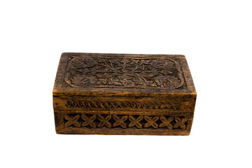 antique wooden box on white background and flower carvings on the sides of the box closed with horizontal photo ornament with text space