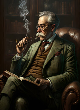 Hombre sabio fumando pipa mientras lee