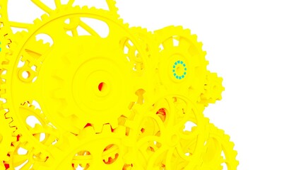 Fototapeta premium Mechanism yellow metallic gears and cogs at work under white spot lighting background. Industrial machinery. 3D illustration. 3D high quality rendering. 3D CG.