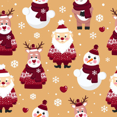 Seamless pattern with Santa Claus, Deer, Snowman, snowflake and hearts