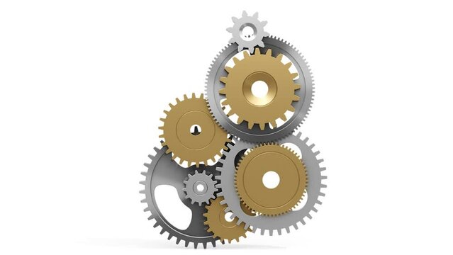 Industrial video background with golden gears. 3d animation.