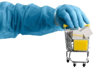 A hand medical with a basket walks in a supermarket