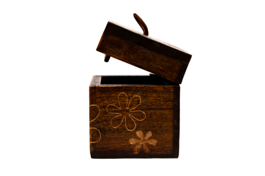 wooden box on white background and flower carvings on the sides of the open chest photo in horizontal with space for text