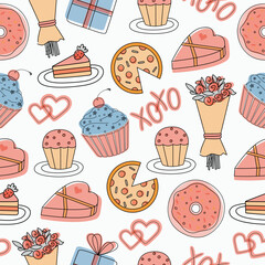Valentine's Day pattern. Doodles. Design with sweets, flowers, and hearts for February 14, birthday, wedding, and engagement.