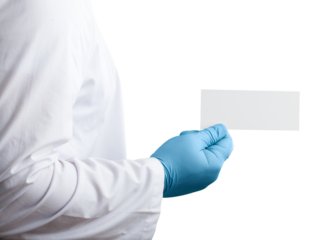 Medical hand holds white card for word