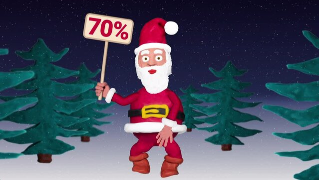 Seamless looping animation of a plasticine Santa Claus with a 70 percent sign walking through a winter landscape including green screen and luma matte 