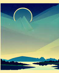 Blue Night Eclipse - Art Deco Illustration
