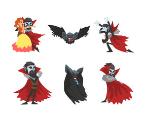 Count Dracula as Scary Vampire Character Wearing Red Cape Vector Set