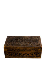 wooden box on white background and flower carvings on the sides of the box closed with vertical photo ornament with space for text