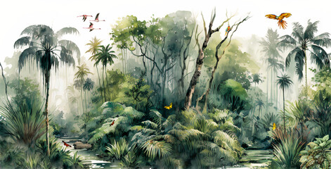 Wallpaper of a natural landscape of rainforests of trees and palms, in consistent colors with birds, butterflies, parrots and flamingos, digital drawing in watercolors -2 - obrazy, fototapety, plakaty