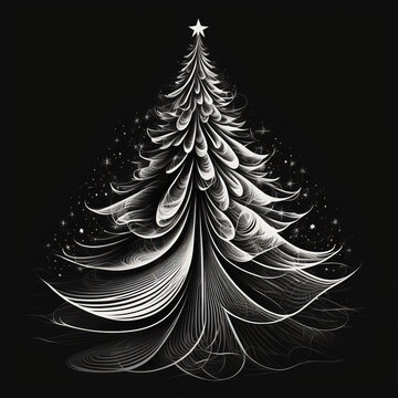 Christmas Pine Tree Line Art Design Isolated on Black Background | Midjourney Ai Generated