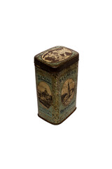 close-up of very old tin or metal box of cocoa on transparent or white background rusty box with dirty white and green colors vertical picture