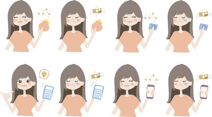 【お金イラスト/お財布、カード、電卓、スマホを持っている女の子】表情とポーズのバリエーションセット