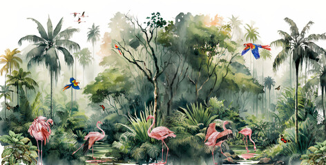 Wallpaper of a natural landscape of rainforests of trees and palms, in consistent colors with birds, butterflies, parrots and flamingos, digital drawing in watercolors -4 © haitham