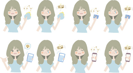 【お金イラスト/お財布、カード、電卓、スマホを持っている女の子】表情とポーズのバリエーションセット