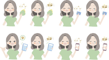 【お金イラスト/お財布、カード、電卓、スマホを持っている女の子】表情とポーズのバリエーションセット