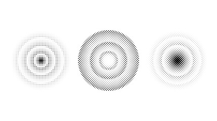 Halftone concentric circles set. Comic texture rings collection. Round dotted gradient collection. Radial design elements. Epicentre, target, radar concept. Abstract background