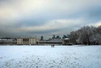 Fototapeta na wymiar Greenwich park winter landscape covered by snow, London, United Kingdom