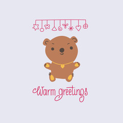 Cute teddy bear with hand drawn lettering Warm greetings. Doodle kawaii style illustration.