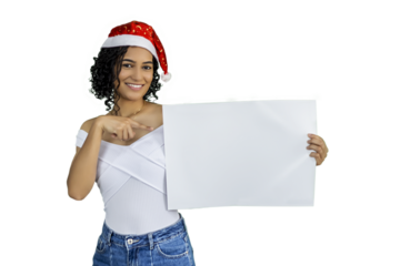 Woman in Santa hat for product demonstration