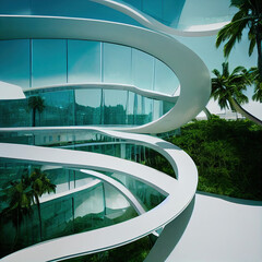 Futuristic organic architecture render, glass and plants, Generative AI