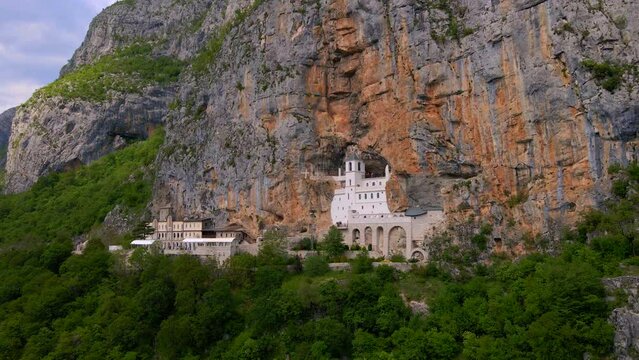 Aerial shot of the Ostrog Monastery or Monasterio de Ostrog in Montenegro. It is an important Orthodox religion center in Balkans