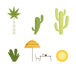 Simple Green Palm, Umbrella Shade with Table and Cactus as Beach Environment Element Vector Set