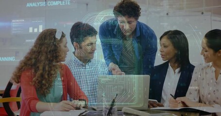 Animation of cyber security data processing over diverse colleagues discussing over laptop at office