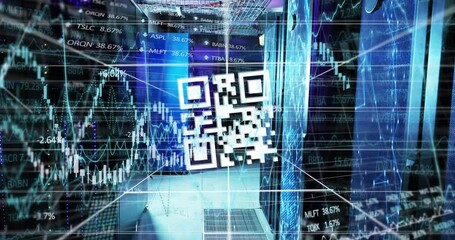 Animation of financial data processing over server room and qr code - Powered by Adobe