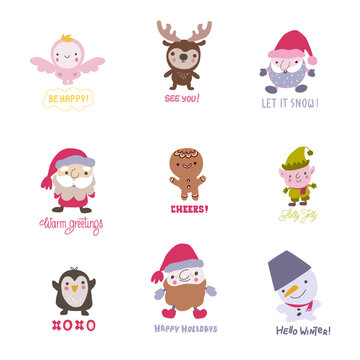 Collection of Christmas and New year characters with hand drawn lettering. 