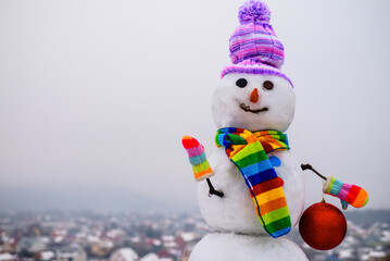 Merry Christmas and Happy new year. Smiling snowman in hat, scarf and mittens with Christmas toy.