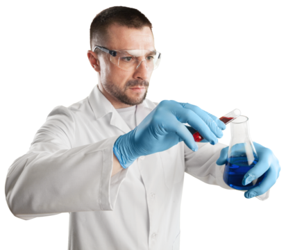 Scientist man with liquid in researcher test tube