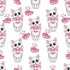 Seamless pattern with kitten and pink heart isolated on white background.Valentine’s Day, greeting cards,birthday,fabric and textile.