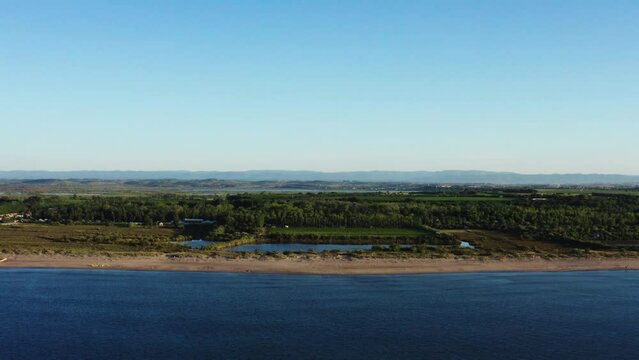 Beach with little forest and vineyard landscape Valras plage aerial shot 