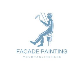 Builder, painter, climber paints the facade with roller and paint bucket, logo design. Industrial climber paint the wall of the building, construction, repairing and repair, vector design