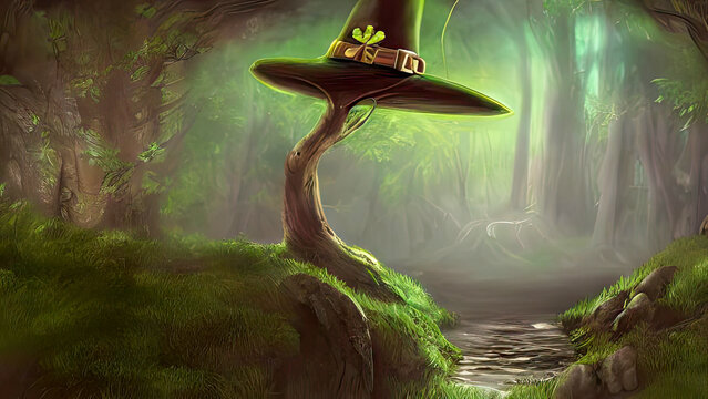 Leprechaun hat on a tree in the magic emerald forest