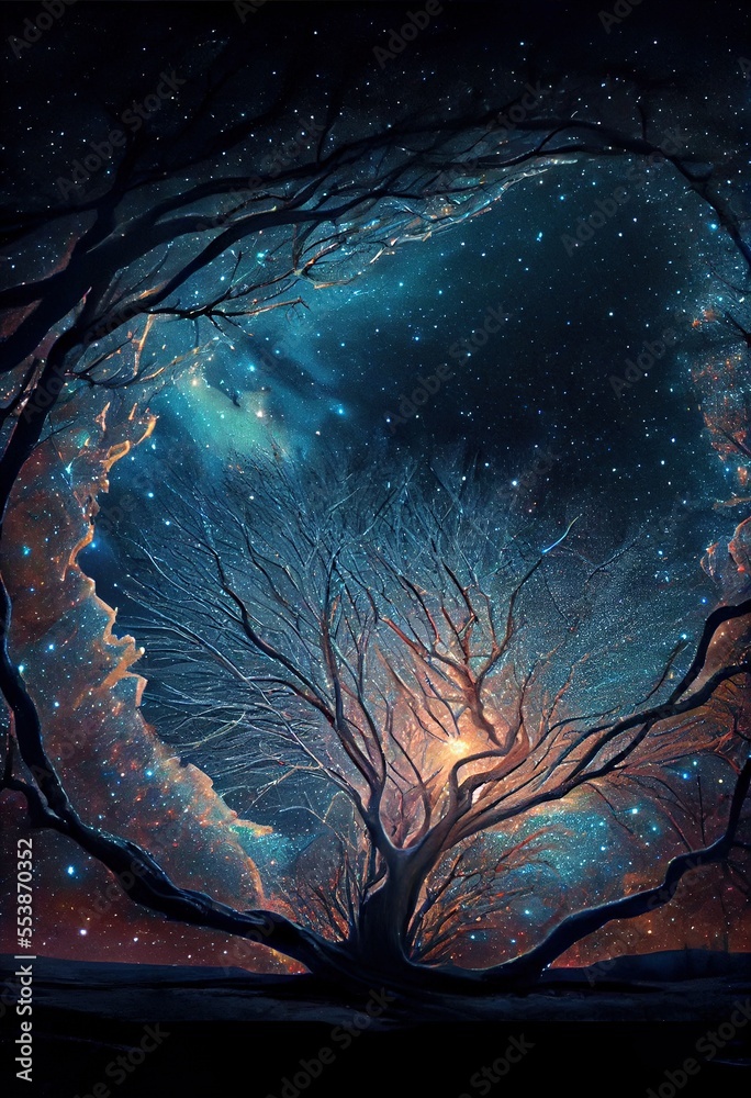 Wall mural tree with a moon lit background
