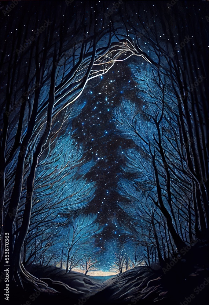 Wall mural tree with a moon lit background