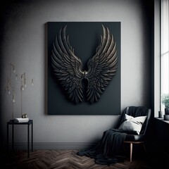 Black angel wings displayed in a minimalist room