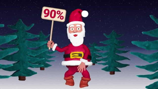 Seamless looping animation of a plasticine Santa Claus with a 90 percent sign walking through a winter landscape including green screen and luma matte 