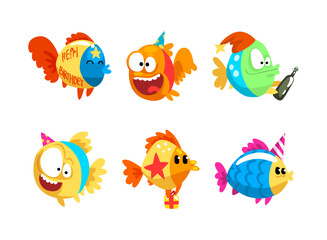 Funny Fish Character Floating with Gift Box Celebrating Holiday Vector Set
