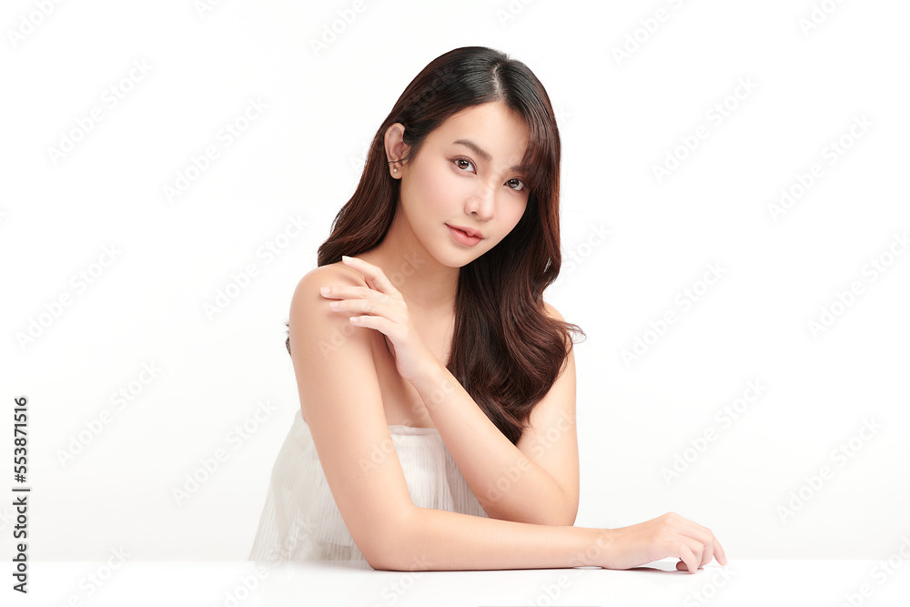 Wall mural beautiful young asian woman with clean fresh skin on white background, face care, facial treatment,  - Wall murals